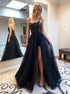 A Line Spaghetti Straps Sequins Tulle Prom Dress with Slit LBQ3947